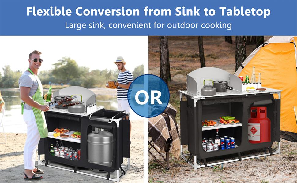 Portable Camping Kitchen Table with Storage Organizer and Sink Station