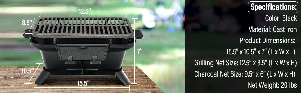 Patiojoy Heavy Duty Cast Iron Charcoal Grill Tabletop BBQ Stove Camping  Picnic