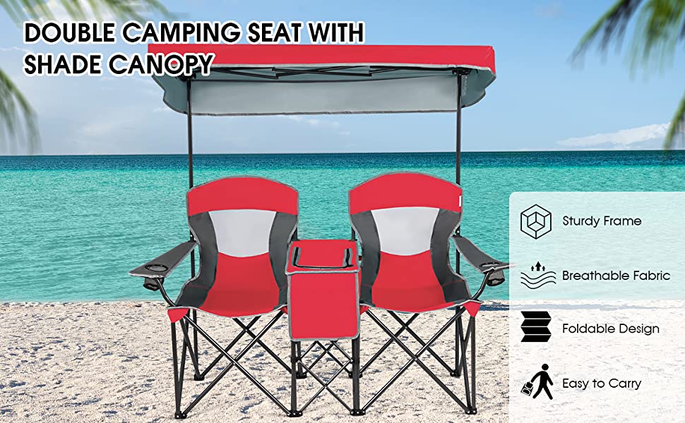 Portable Folding Double Camping Canopy Chairs Beach Chairs with Cup Holder