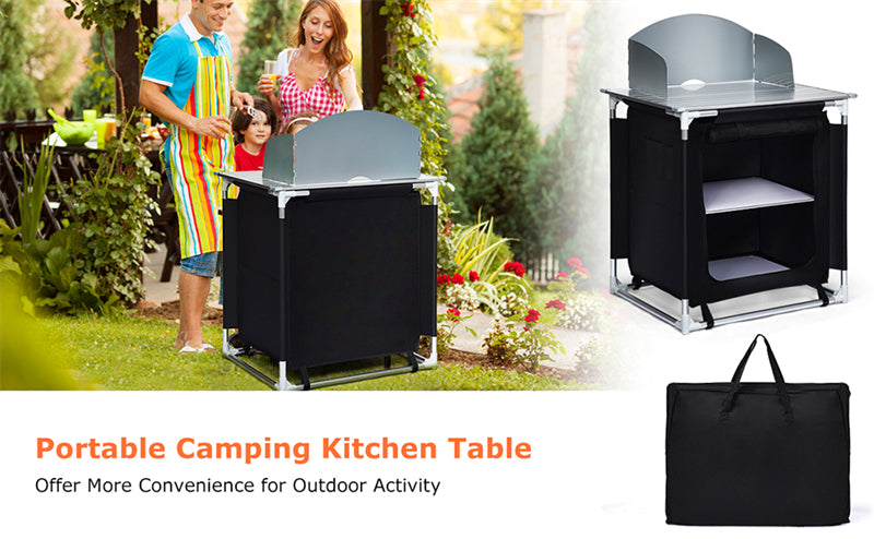 Portable Outdoor Camping Cooking Table with Storage Shelves