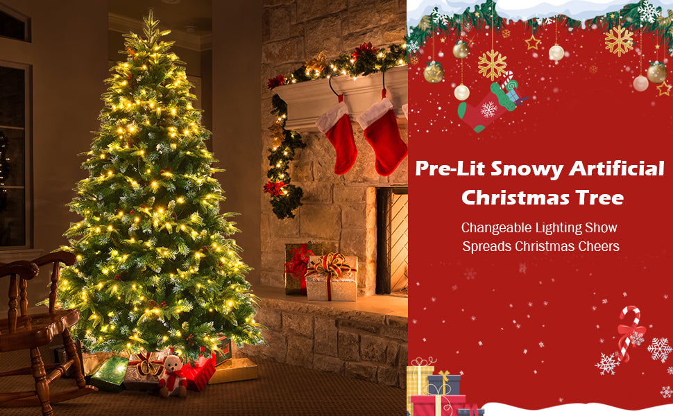 6FT Pre-Lit Snowy Hinged Artificial Christmas Tree with Multicolor LED Lights and Flash Modes