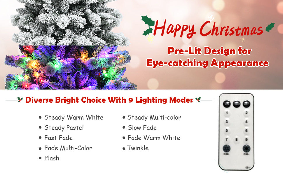 7.5ft Pre-lit Snow Flocked Christmas Tree with LED Lights and Remote Controller