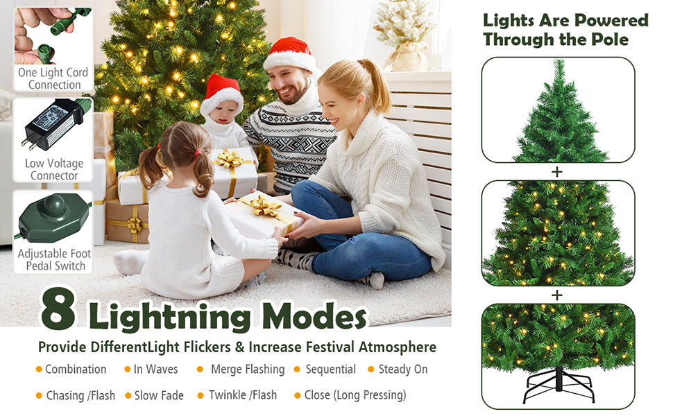 Pre-Lit Hinged Artificial Christmas Tree with PVC Branch Tips LED Lights