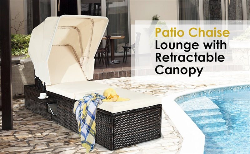 Rattan Outdoor Chaise Lounge Chair with Folding Canopy & Flip-up Tea Table