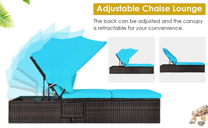 Rattan Outdoor Chaise Lounge Chair with Folding Canopy & Flip-up Tea Table