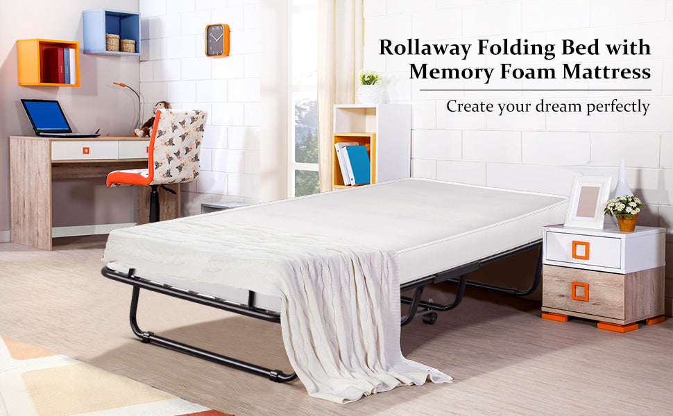 Rollaway Folding Bed Portable Guest Bed with 4 Inch Memory Foam Mattress - Metal Springs