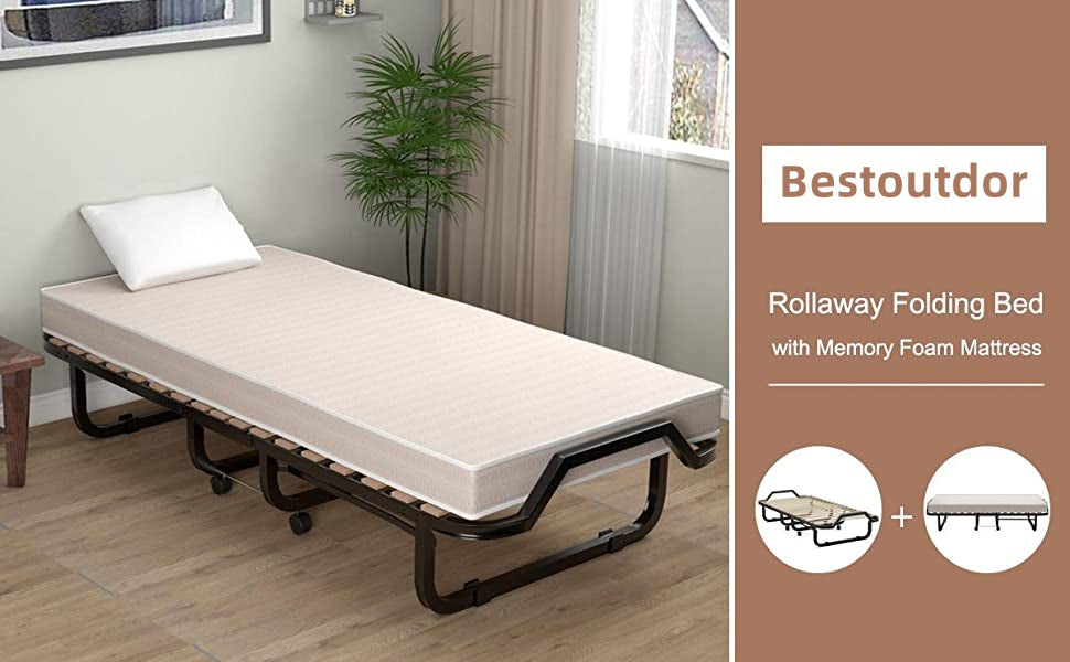 Rollaway Folding Bed Portable Guest Bed with 4 Inch Memory Foam Mattress