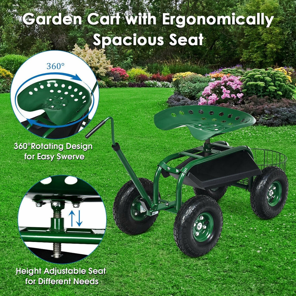 Rolling Garden Cart Gardening Workseat with Extendable Hook Handle