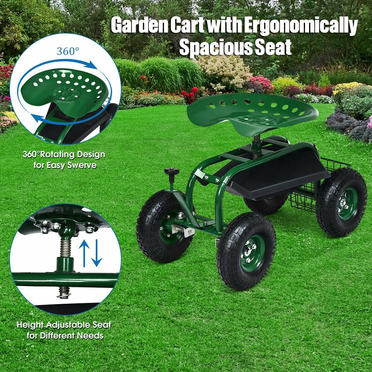 Rolling Garden Cart Wagon Scooter with Knob Handle and 4 Wheels