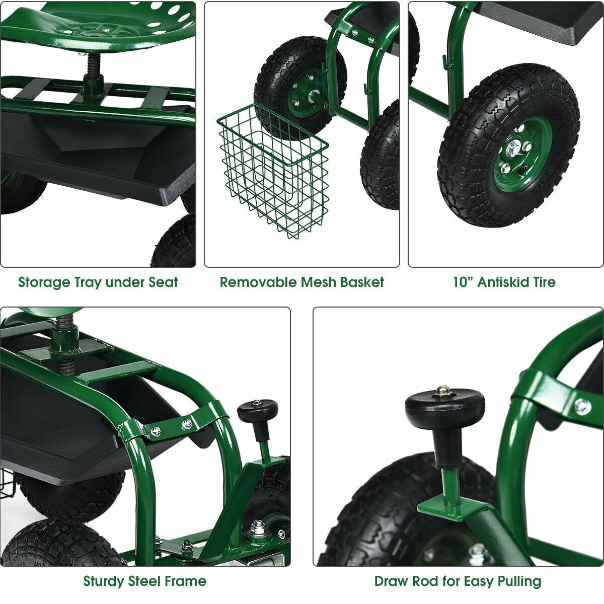 Rolling Garden Cart Wagon Scooter with Knob Handle and 4 Wheels