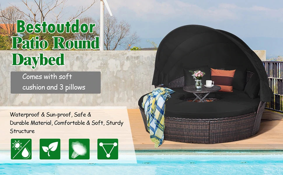 Round Wicker Rattan Outdoor Daybed with Retractable Canopy