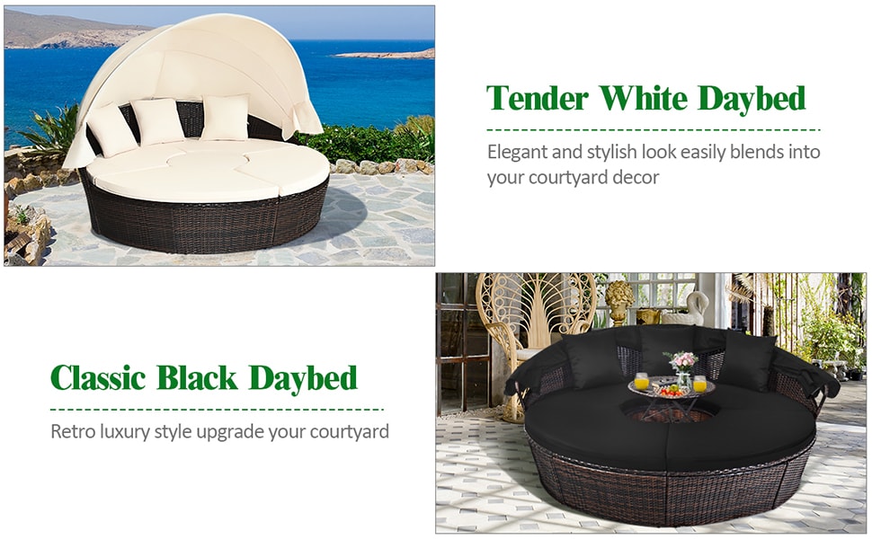 Round Wicker Rattan Outdoor Daybed with Retractable Canopy