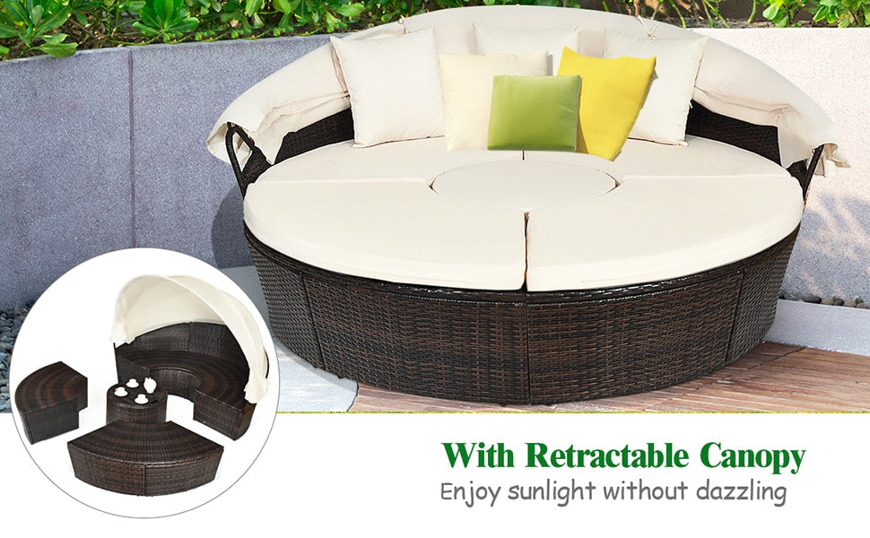 Round Wicker Rattan Outdoor Daybed with Retractable Canopy