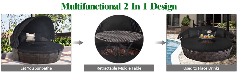 Round Wicker Rattan Outdoor Daybed with Retractable Canopy