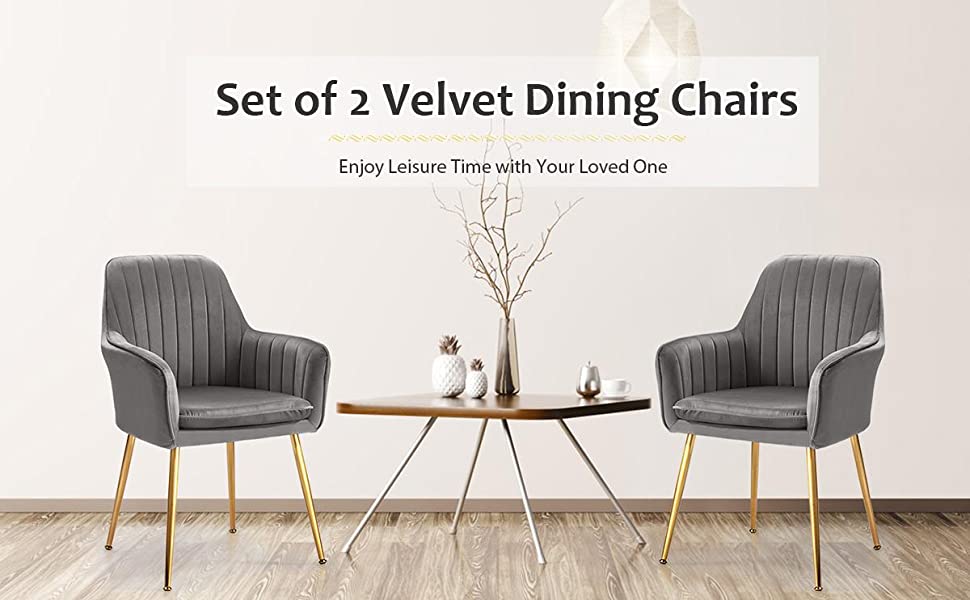 Set of 2 Velvet Dining Chairs Accent Upholstered Arm Chair with Steel Legs