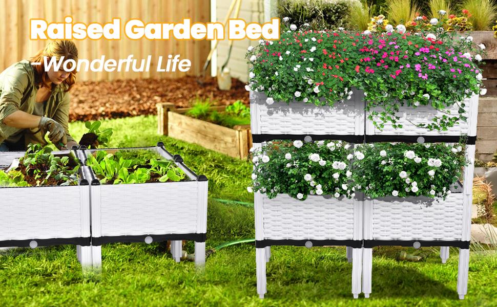 Set of 4 Plastic Raised Garden Bed Kits Planter Box for Vegetable