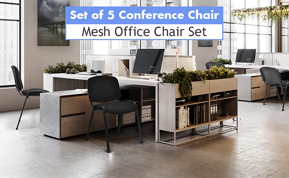 Set of 5 Conference Chair Stackable Office Chairs Set with Ergonomic Upholstered Seat for Meeting Reception Guest Waiting Room