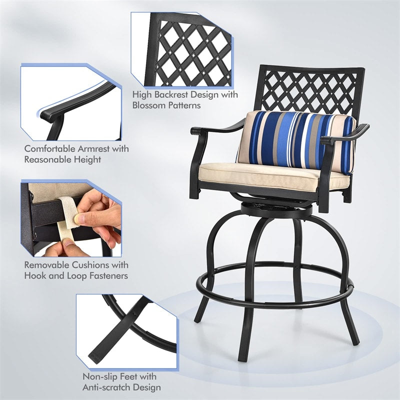 Set of 2 Patio Swivel Bar Stools Outdoor Bar Height Chairs with Soft Cushions & Steel Frame