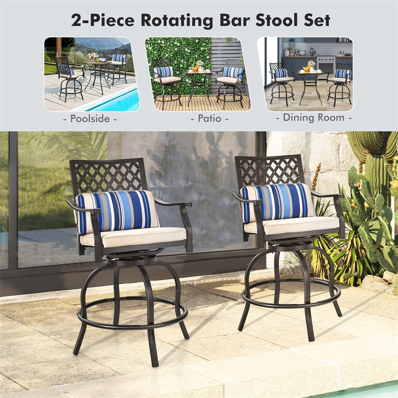 Set of 2 Patio Swivel Bar Stools Outdoor Bar Height Chairs with Soft Cushions & Steel Frame