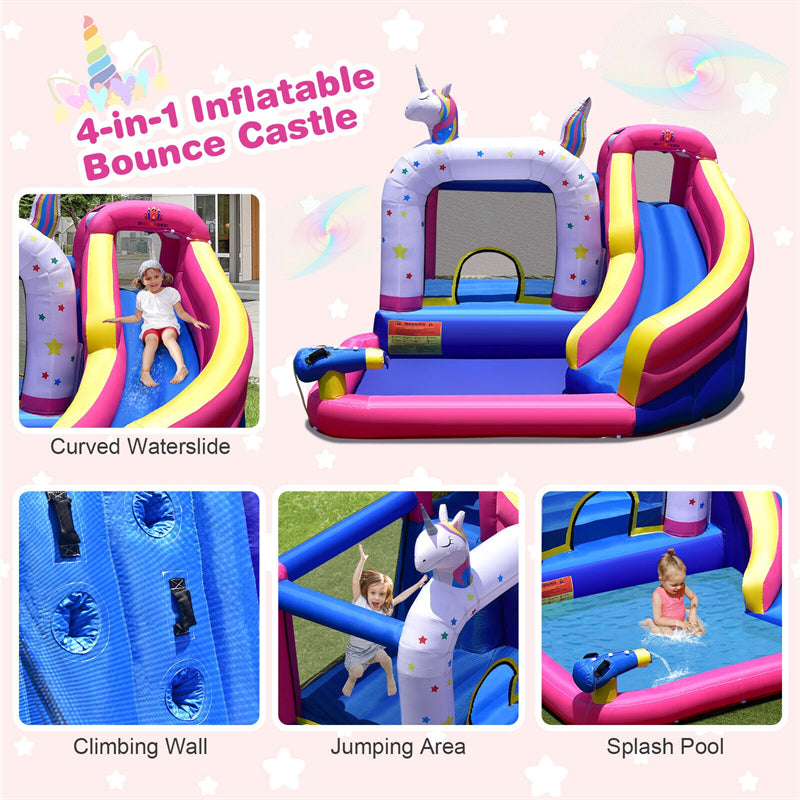 Unicorn Inflatable Water Slide Bounce House for Kids with 480W Blower