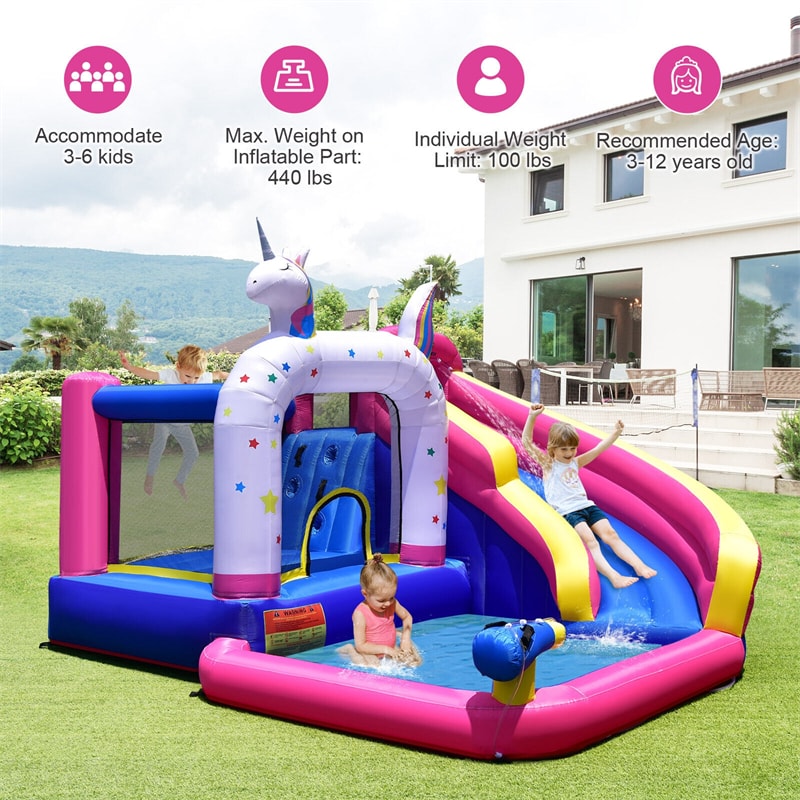 Unicorn Inflatable Water Slide Bounce House for Kids with 480W Blower