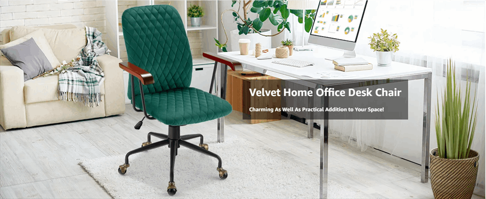 Velvet Home Office Chair Adjustable Height Swivel Task Chair with Wooden Armrest & Copper Casters