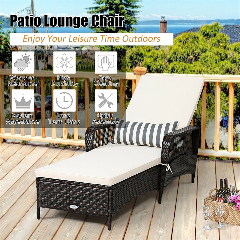 Wicker Rattan Patio Chaise Lounge Recliner Chair with 6-Gear Adjustable Backrest