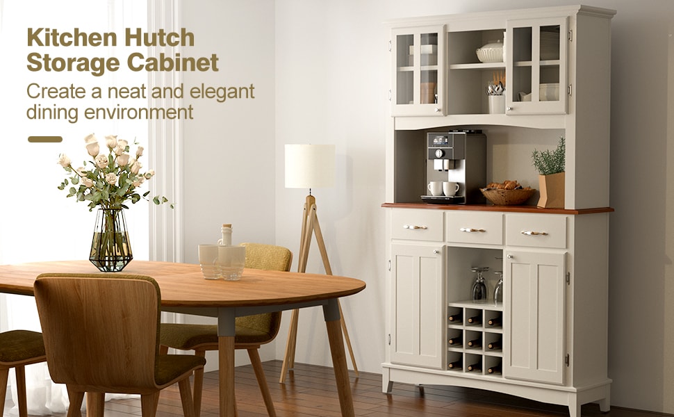 Wood Kitchen Buffet Hutch Cabinet Kitchenware Server with Large Drawers & Wine Bottle Modulars