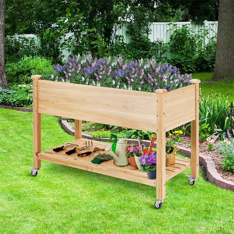 Wood Raised Garden Bed Elevated Planter Bed with Wheels Storage Shelf & Liner