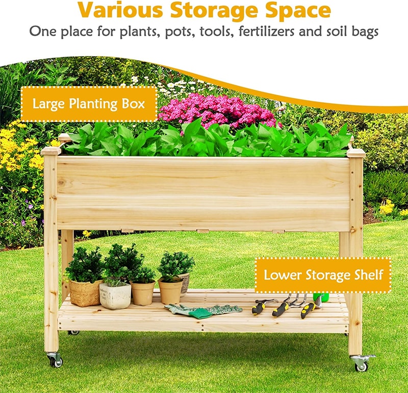 Wood Raised Garden Bed Elevated Planter Bed with Wheels Storage Shelf & Liner