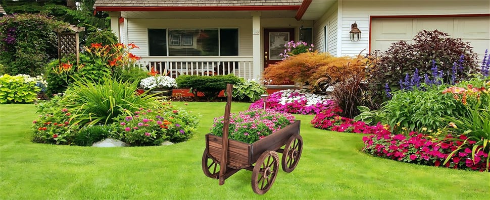 Wood Wagon Planter Flower Pot Stand with Wheels for Home Garden Outdoor Decor