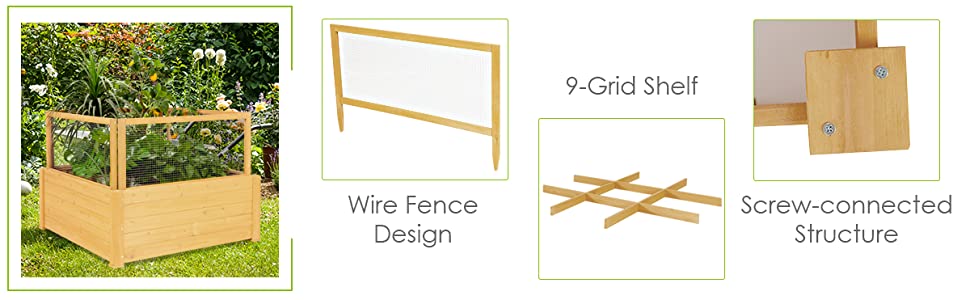 Wooden Raised Garden Bed with 9 Grids and Critter Guard Fence