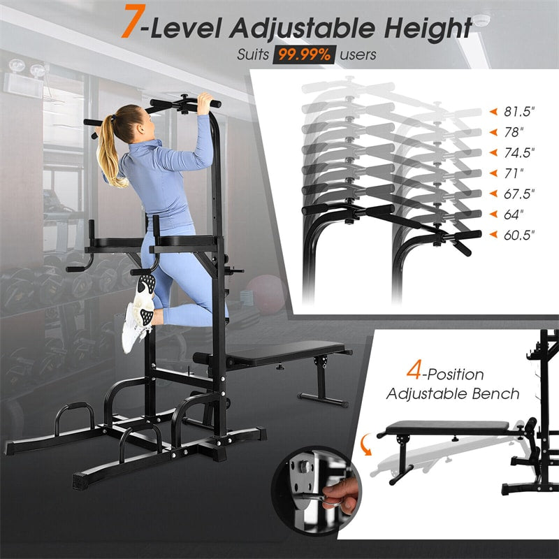 Adjustable Power Tower Multifunctional Pull-Up Bar Stand Dip Station Home Gym Equipment Full Body Workout Machine with Foldable Weight Bench