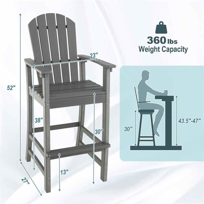 All Weather HDPE Tall Adirondack Chair 30" Outdoor Bar Height Stool with Armrests & Footrest