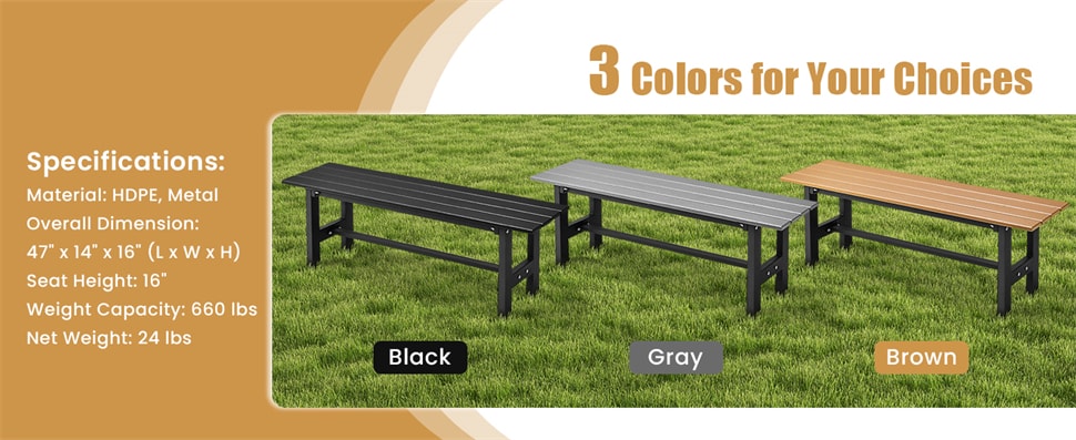 2-Pack Outdoor Garden Bench Backless Patio Park Bench All-weather 47" Dining Bench Chair with HDPE Slatted Seat, Metal Frame, 660 LBS Capacity