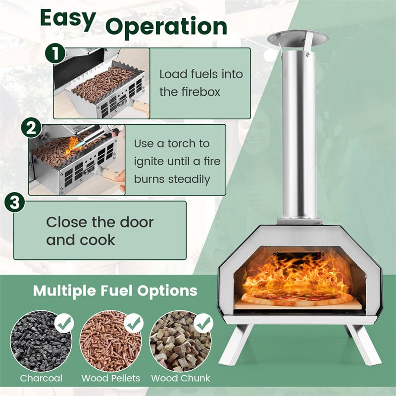 Beetle Outdoor Pizza Oven Wood Pellet Pizza Oven Grill Portable Stainless Steel Pizza Maker with 12'' Pizza Stone & Foldable Legs