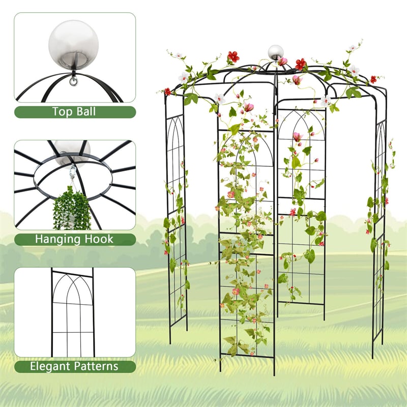 Birdcage Shape Garden Arch 9.4' H x 6.8' W Heavy-Duty Wrought Iron Arbor Trellis French Style Pergola Pavilion for Climbing Plants with Hanging Hook