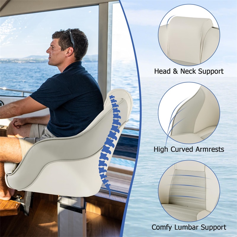 Captain Bucket Seat Pontoon Boat Seat Curved Armrest, Waterproof PVC Leather, Thick Sponge Padding, High Back Captain Chair for Fishing Sightseeing Boat