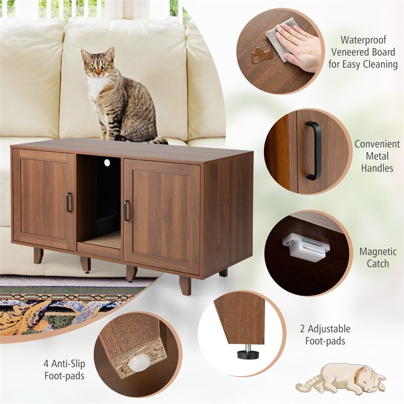 Cat Litter Box Enclosure Furniture Hidden Cat Washroom TV Stand End Table with 2 Litter Boxes & Scratching Board
