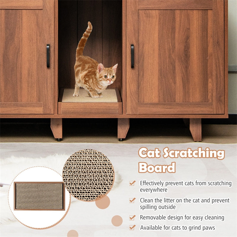 Cat Litter Box Enclosure Furniture Hidden Cat Washroom TV Stand End Table with 2 Litter Boxes & Scratching Board