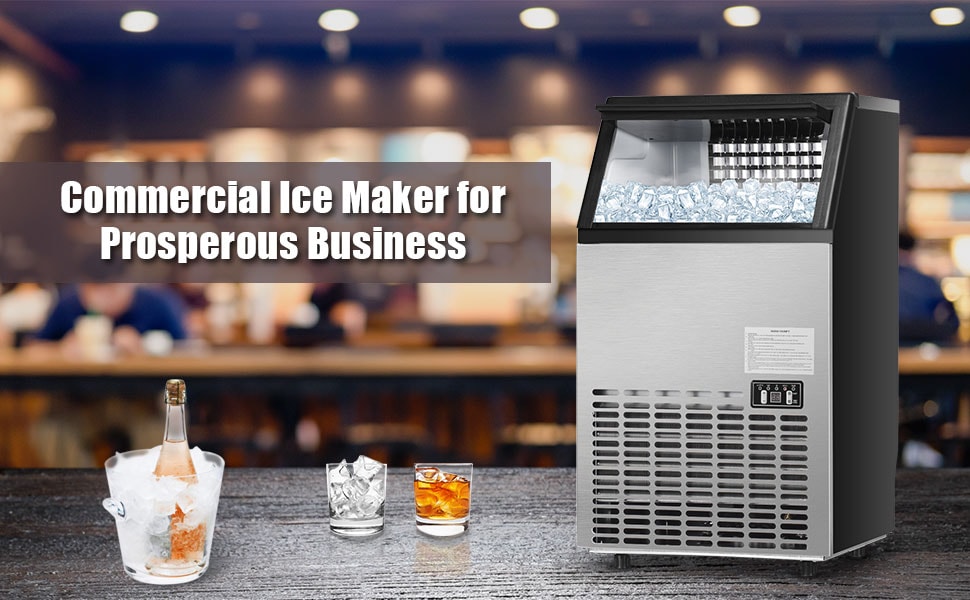 Commercial Ice Maker 110LBS/24H Freestanding Built-in Stainless Steel Portable Ice Maker Machine with Ice Scoop & Drain Inlet Hoses