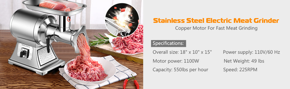 1.5HP Commercial Meat Grinder 550LB/H Heavy Duty Industrial Meat Mincer 1100W Electric Sausage Stuffer with 2 Blades Grinding Plates Stuffing Tubes