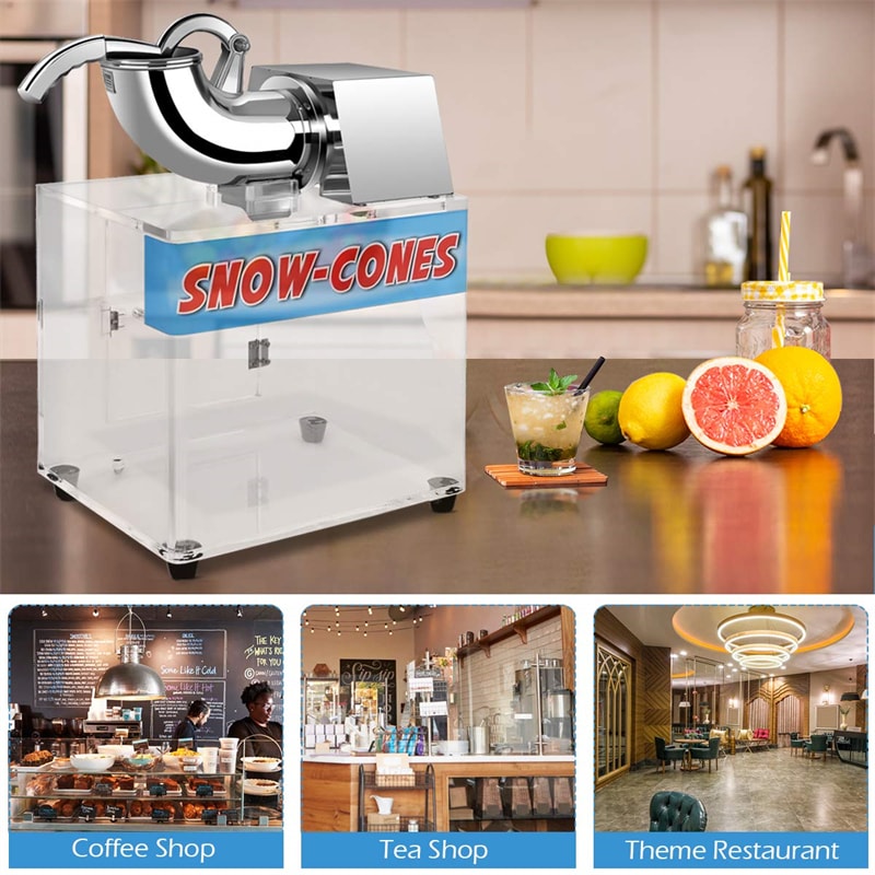 Commercial Snow Cone Machine Ice Shaver Maker Stainless Steel 440lbs/h Electric Ice Crusher with Dual Blades & Safety On/Off Switch