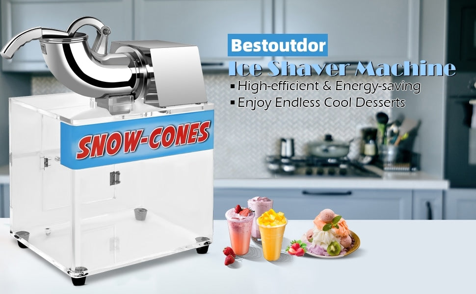 Commercial Snow Cone Machine Ice Shaver Maker Stainless Steel 440lbs/h Electric Ice Crusher with Dual Blades & Safety On/Off Switch