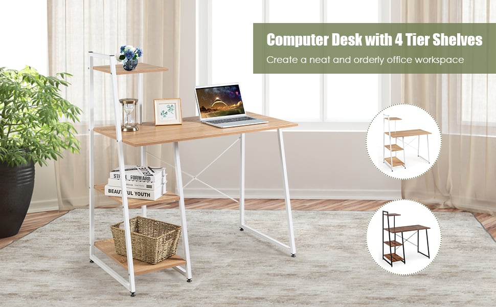 Computer Desk Workstation Home Office Writing Desk Study Desk with 4-Tier Storage Shelves, X-Shaped Metal Frame & Adjustable Foot Pads