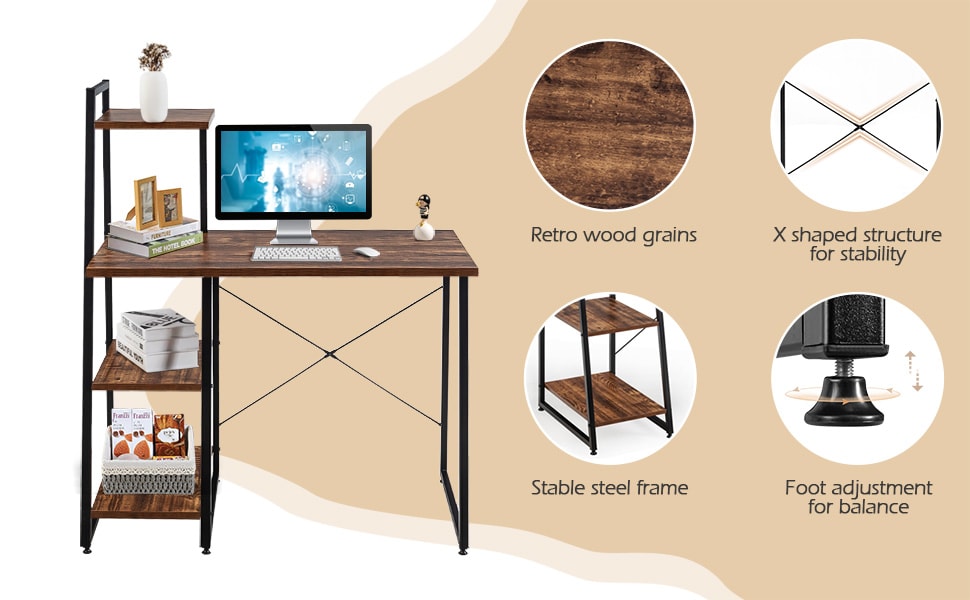 Computer Desk Workstation Home Office Writing Desk Study Desk with 4-Tier Storage Shelves, X-Shaped Metal Frame & Adjustable Foot Pads