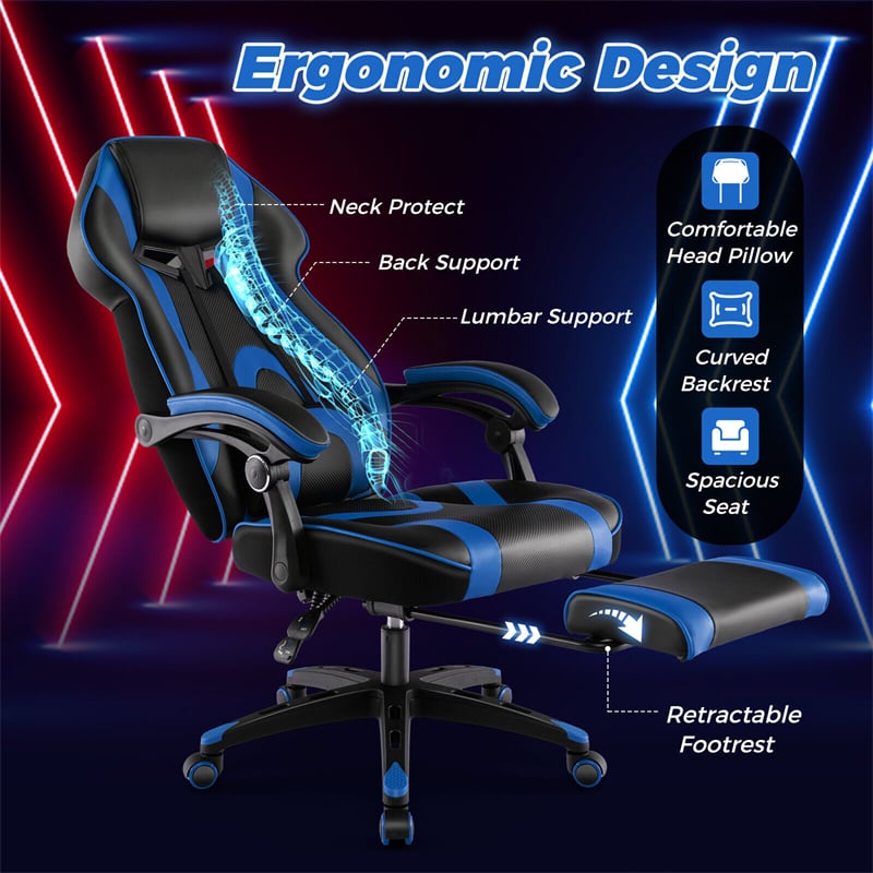 E-Sports Gaming Chair Ergonomic Racing Style Office Computer Chair Height Adjustable Reclining Video Game Chair with Lumbar Support & Retractable Footrest