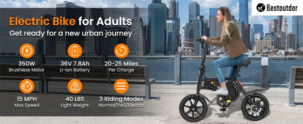 Electric Bike for Adults 14” Folding Electric Bicycle 350W Motor Mini E-Bike with Adjustable Saddle Height & Cruise Control for Short Commute