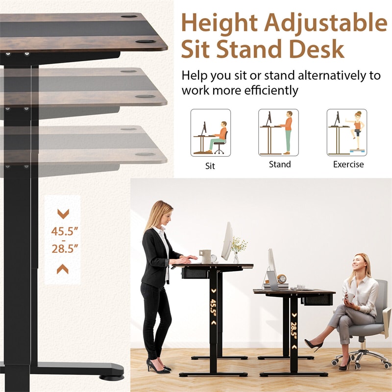 Electric Standing Desk 55" x 28" Height Adjustable Desk Sit-Stand Computer Workstation with Storage Drawer & USB Charging Port