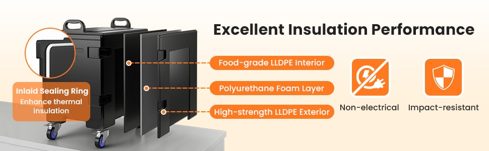 81 Quart End-Loading Insulated Food Pan Carrier for 5 Full-Size Pans, Stackable Food Warmer Hot Box for Catering with Fastener & Wheels